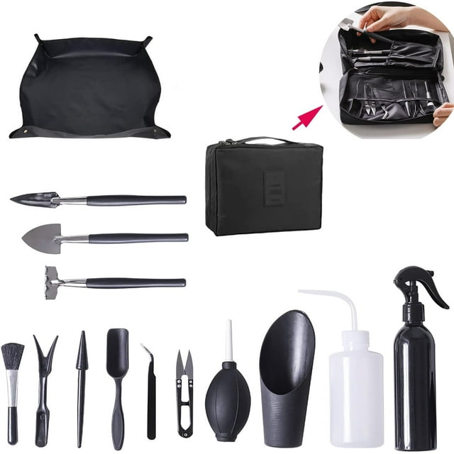 Juego de Herramientas para Suculentas con Bolsa de Almacenamiento, Kit de 15 Pzas de Mini Herramientas de Jardinería para Plantas Suculentas con Tapete de Lona para Macetas, Kit de Suculentas para Cu