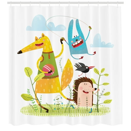 Kids Shower Curtain, Fox Hedgehog Crow and Dog Skipping Rope in the Garden Best Friends Children Cartoon, Fabric Bathroom Set with Hooks, 69W X 75L Inches Long, Multicolor, by