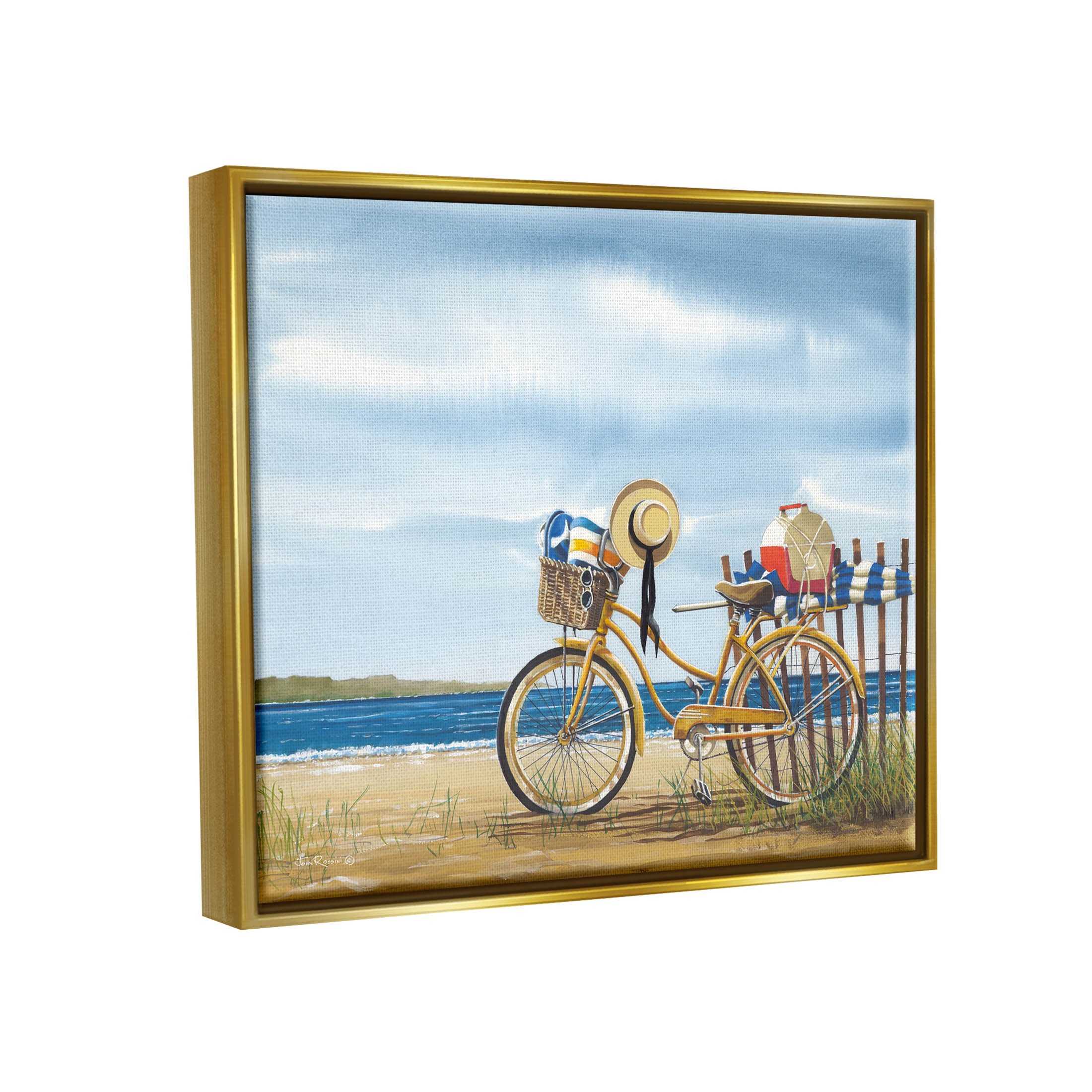 Summer Bike Beach Day Waves Coastal Painting Metallic Gold Framed Art Print Wall Art