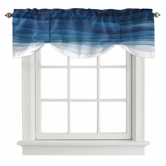 Tie Up Curtain Valances Blue Ocean Wave,Rod Pocket Shade Valance Adjustable Curtains Abstract Gradient Geometric Stripe Window Treatment for Kitchen Bathroom Living Room Windows,60x18in