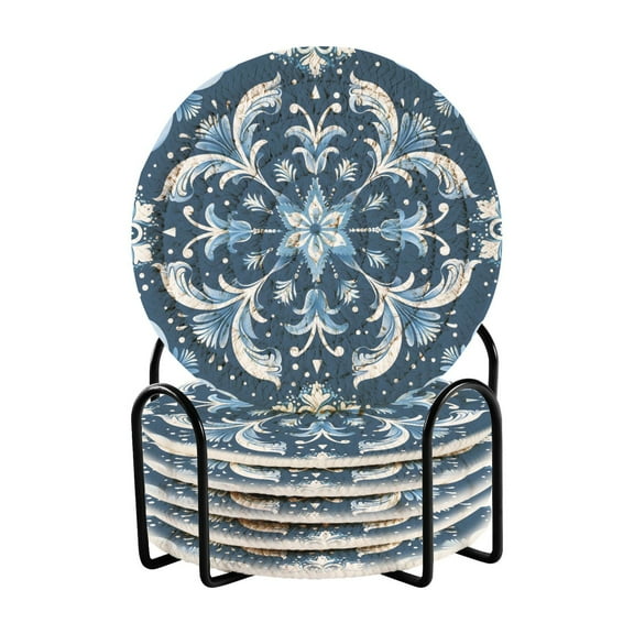 Snow Flowers 6 Pcs Drink Coasters with Holder Absorbent Coasters Woven Coasters for Drinks Table Desk Protection Home Decor