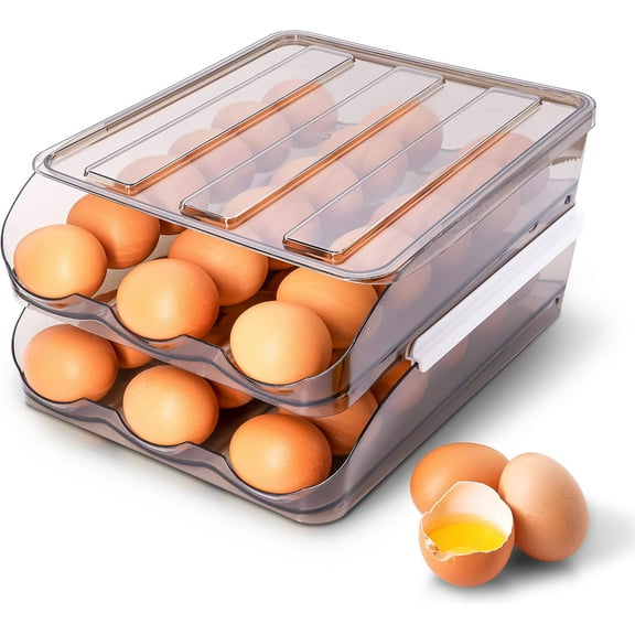 Fridge Egg Holder, 2 Layer Rolling Egg Cartons for Refrigerator, Stackable Refrigerator Egg Organizer with Lid, Large Capacity Clear Egg Dispenser, Egg Tray & Storage Container