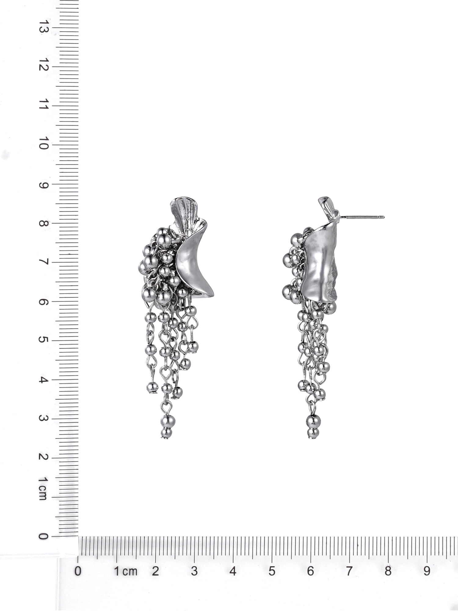 Scenario Women's Silver-Tone Textured Crescent Metal Beaded Fringe Drop Earrings