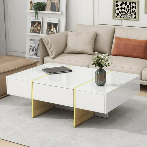 Dovelina 47.2'' x 31.4'' Minimalist High Gloss Coffee Table with 2 Drawers, Multi-Storage Rectangle Sofa Table with Golden Wood Grain Legs, Modern Center Table for Living Room, White