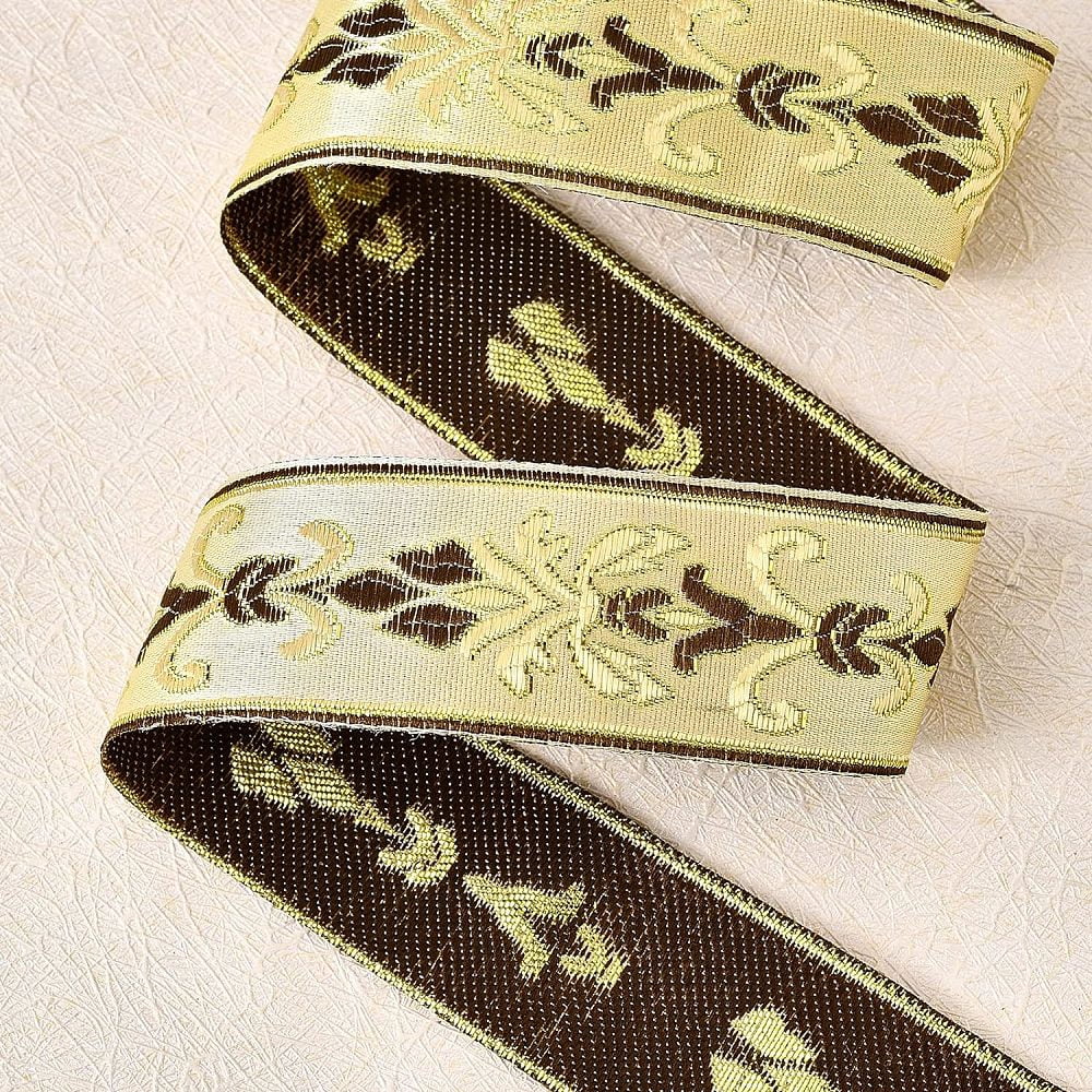 27 Yard 1.18 Inch Vintage Jacquard Ribbon Khaki Jacquard Trim Emobridered Woven Trim Gold & Brown Floral Webbing Ribbon