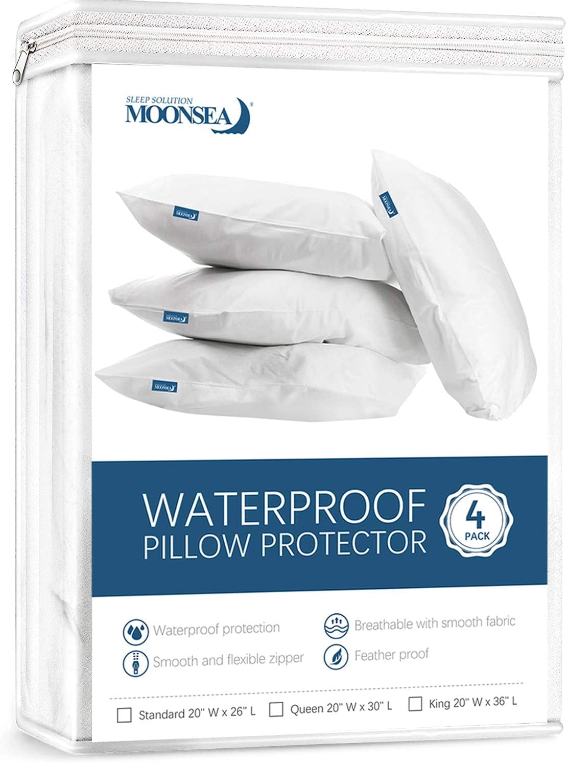 Moonsea Waterproof Pillow Protectors Zippered 4 Pack, King Size 20x36 inch Pillow Protector