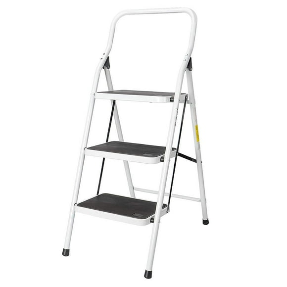 3 Step Ladder, Folding Step Stool Portable Sturdy Steel Stepladder with Comfy Grip Handle and Anti-slip Step Feet