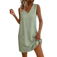 thumbnail image 2 of Vivianyo HD Women's Casual Sleeveless Shift Dress, V-Neck Linen-Blend Mini Dress with Pockets, Women's Green, Sizes S-2XL, 2 of 9