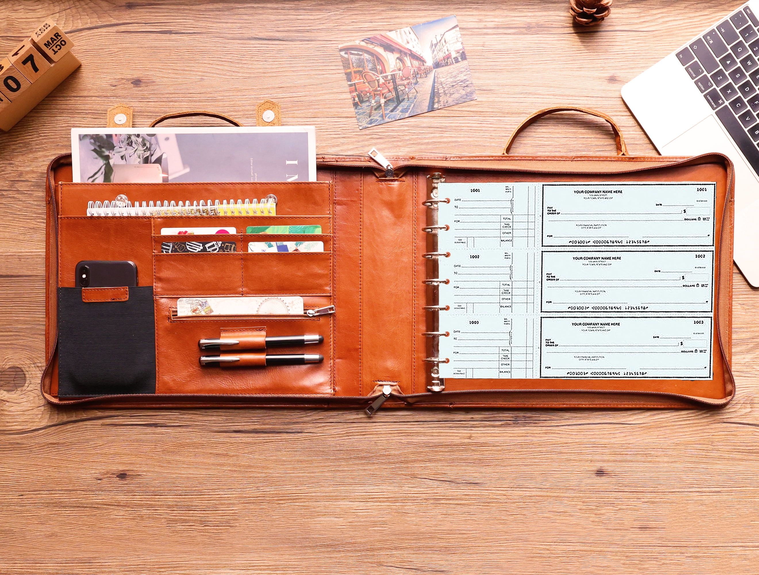 7 Ring Check Binder Cowhide Leather Check Portfolio for 3-Up Business Checks, Check Book Binder with Handle, Zippered Check Holder with 500 Check Capacity, Personalized Checkbook