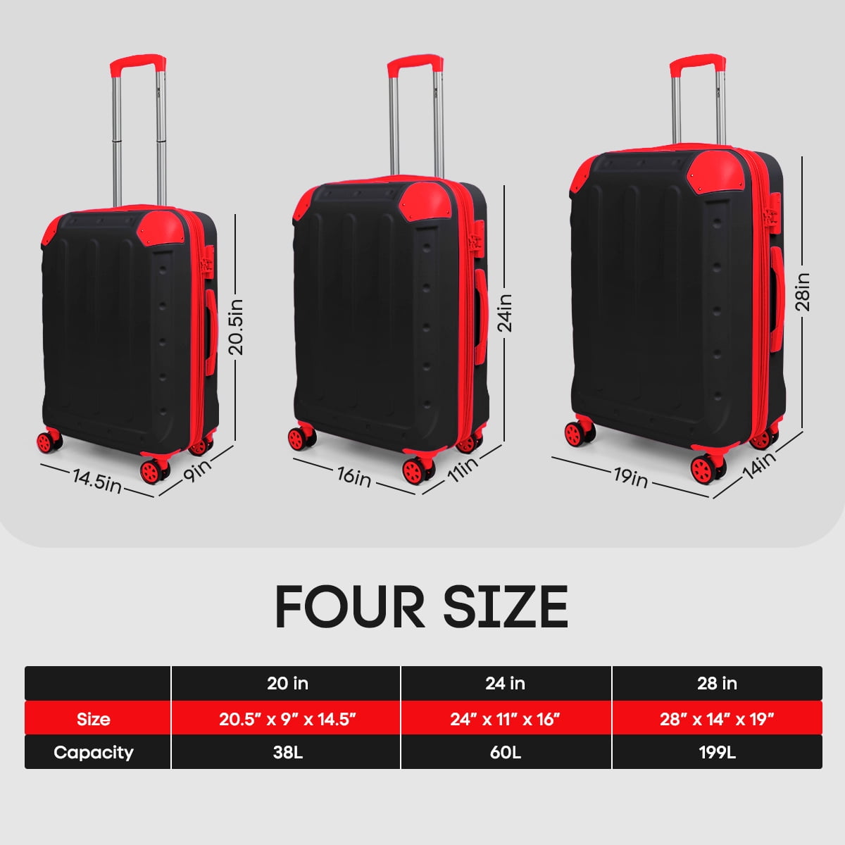 3 Piece Hardside Luggage Set, Expandable ABS Spinner Suitcases (20/24/28) – Lightweight & Scratch-Resistant Travel Luggage, Bkack/Red -EL2401