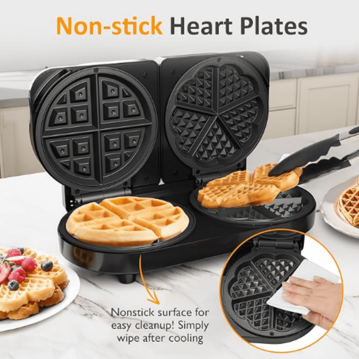 Dual Waffle Maker: Heart Waffle & Classic Waffle Iron with 2 Adjustable Temp Knobs, Nonstick Waffle Machine with Indicator Light, Easy to Clean, The best gifts for Her, Kids and Families