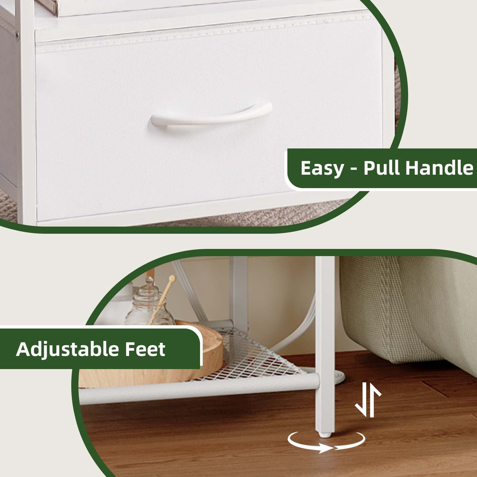 Eunos White Small Nightstand Set of 2 with Charging Station, LED and Storage Shelfs for Bedroom, Living Room