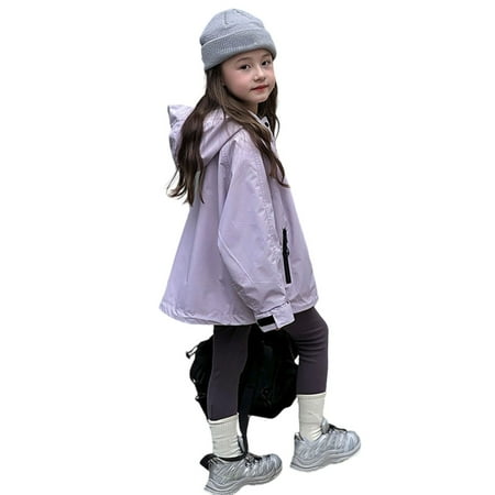 SUXIAN Jackets for Girls Kids Outdoor Windbreaker with Hood Water Lightweight Breathable Loose Fit Windproof Casual Purple 10-11 Years