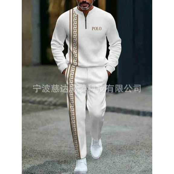 Men's street retro polo shirt jogging pants two-piece set, semi-circular collar zipper printed casual set