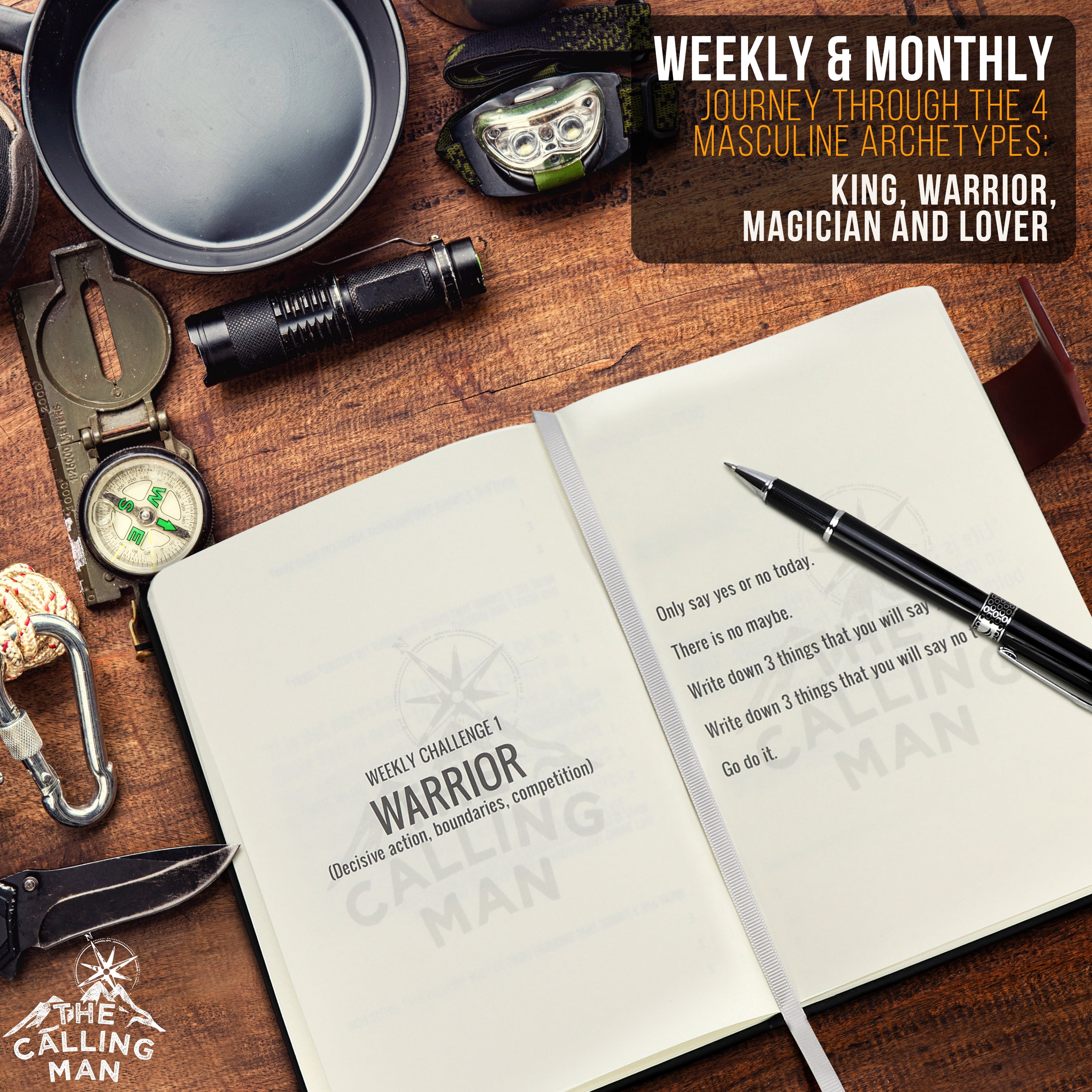 The Calling Man Daily Gratitude and Productivity Mindset Leather Journal For Men, 90 Day Guided 5 Minute Journal with Challenges of the Masculine Archetypes: King, Magician, Warrior, and Lover