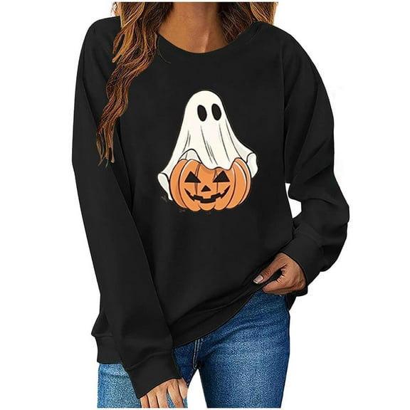 Womens Sweatshirts Halloween Printed Round Neck Long Sleeved Sweatshirts,Tops for Women Black