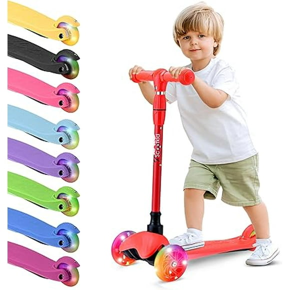 Monopatin Scooter para Niños de 2 a 5 Años Hurtle, 3 Ruedas con Luces LED, Mini Kickboard con Freno, Manillar Ajustable de 63 cm a 71 cm, Antideslizante, Patin del Diablo, Rojo