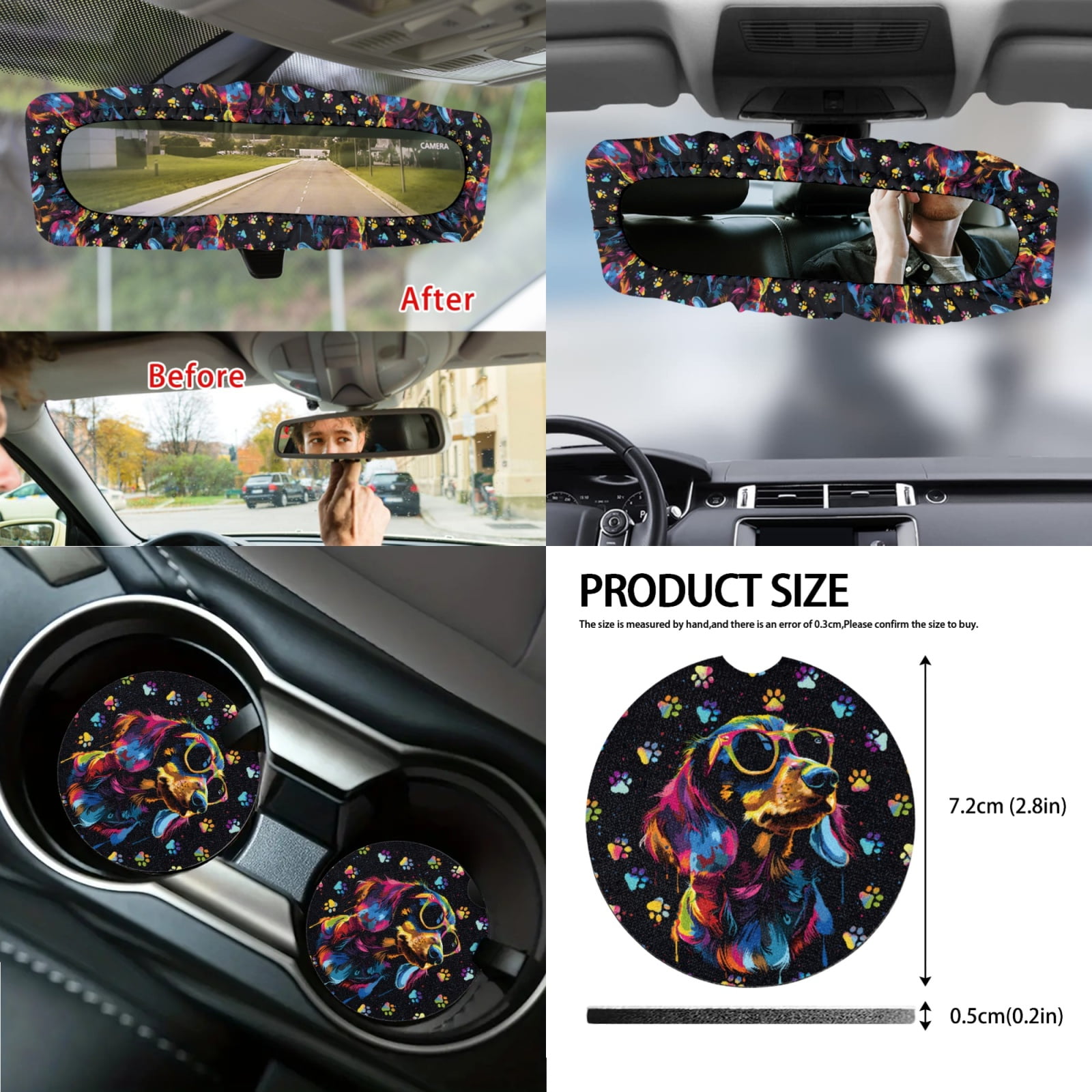 Jeiento Dachshund Car Seat Covers Front Rear Full Set Steering Wheel Cover Seat Belt Pads Coasters Waste Bin Armrest Cover Cup Holders Rearview Mirror Cover Handbrake Cover Set 14 Pack