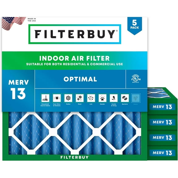 Filterbuy 15.25x15.25x2 MERV 13 Health Defense, Pleated HVAC AC Furnace Air Filters (5-Pack)