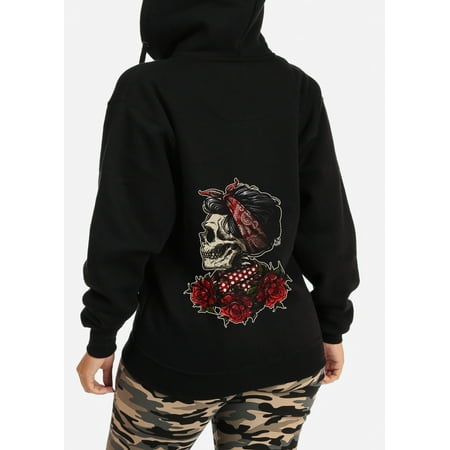 Women Hoodie Skull Womens Juniors Graphic Print Floral Skull Chic Long Sleeve Zip Up Black Sweatshirt Hoodie Sweater 30362S ()