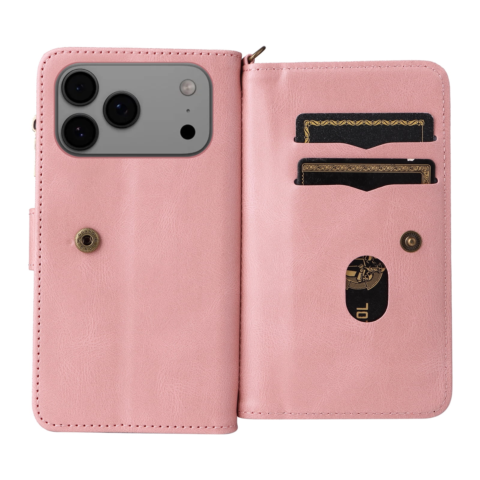 Phone Case for iPhone 17 Pro Max, Wallet Case Luxury Folio Flip Leather Cover [Zipper Pocket] [Wrist Strap] [Kickstand] for iPhone 17 Pro Max, Pink