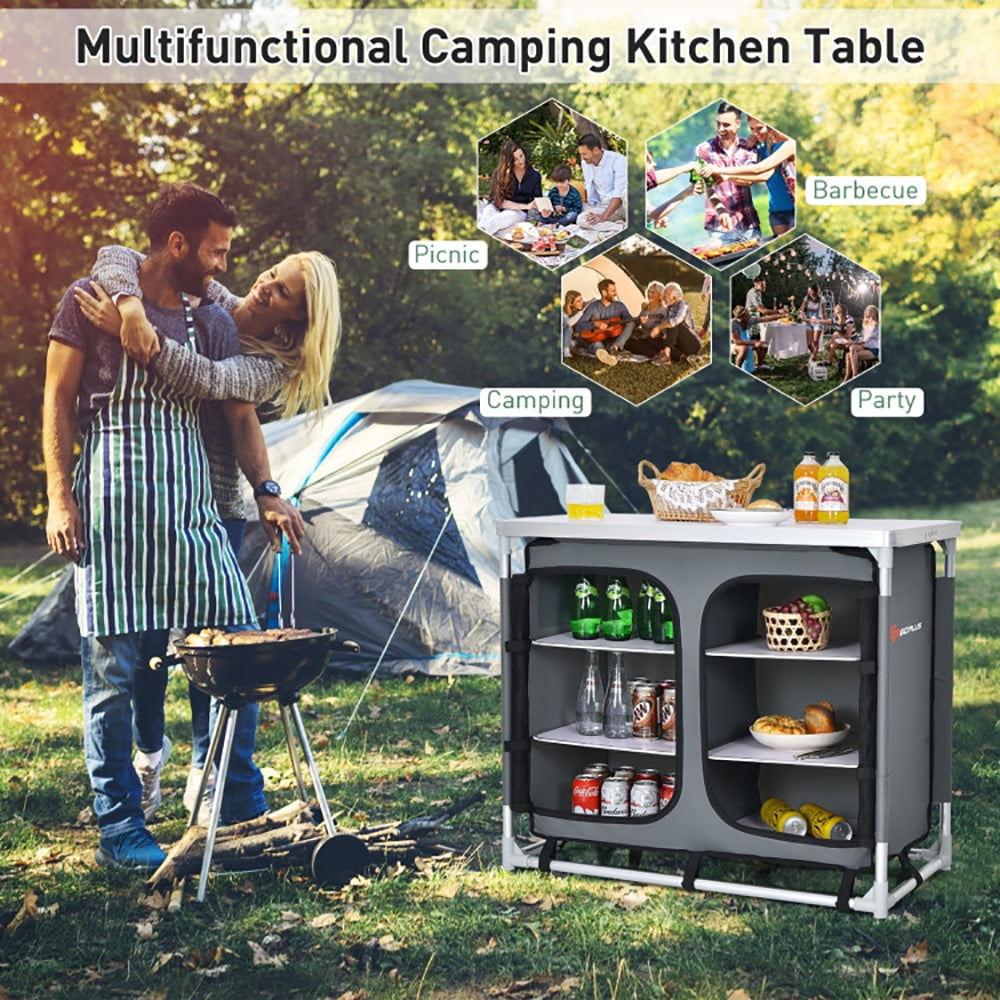 Aimee Lii Portable Camping Kitchen Table with Storage Shelves, Outdoor Picnic Table, Gray Aimee Lii Portable Camping Kitchen Table with Storage Shelves, Outdoor Picnic Table, Gray