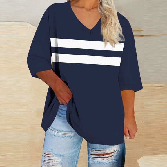 TaTaai Plus Size Tops 3/4 Sleeve Striped Print V Neck T Shirt Loose Fit Casual Soft Breathable for Home Daily