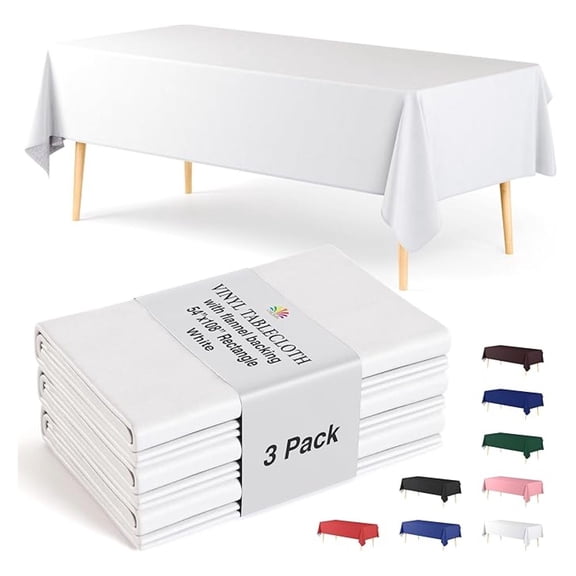 White Vinyl Tablecloths - 54 in. X 108 in. - Pack of 3 Rectangle Tablecloth with Flannel Backing - Plastic, Reusable & Waterproof