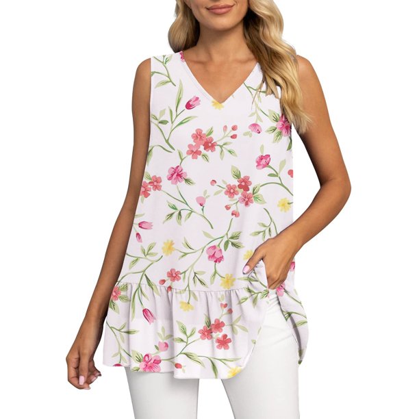 Mujeres Racerback Camisetas sin mangas Camiseta sin mangas de gasa con cuello en V para mujer, camiseta sin mangas con dobladillo plisado doble, camiseta informal tipo túnica (Pink, M)