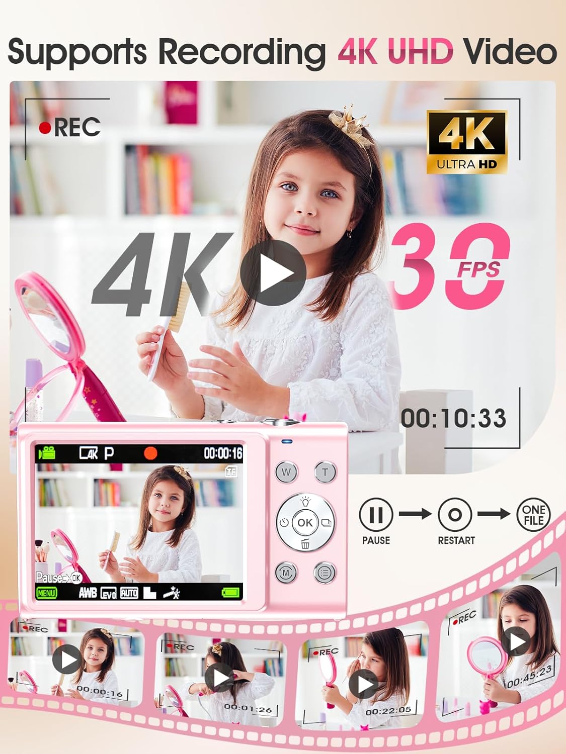 Digital Camera,Autofocus 4K Vlogging Camera for Photography with 32GB Card,48MP Portable Compact Point and Shoot Digital Camera for Teens Adult Beginner with 16X Zoom,Anti-Shake,2 Batteries(White)