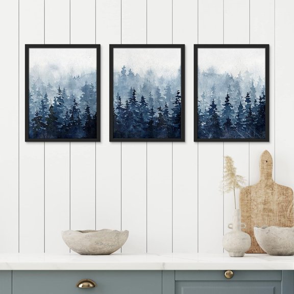 PixonSign Framed Canvas Print Wall Art Set - Watercolor Blue Pastel Misty Mountain Forest Art - Set of 3 Nature Wilderness Landscape Artwork Abstract Wall Décor - 12"x16"x3 Panels Black