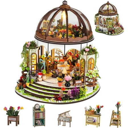 DIY Miniature House Kit Mini Green Garden House Building Kit with Furnitures & LED Tiny House Dollhouse Kit for Adults Teens Hobby 3D Wood Arts Crafts Model Kit Plant Lover Home Decor Birthday Gifts