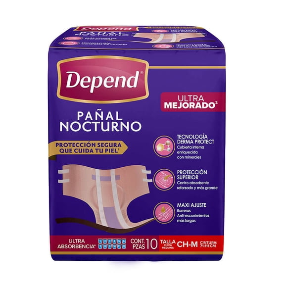 Pañales para Incontinencia Depend Nocturno talla Mediana 10 piezas