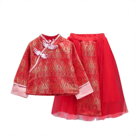 

Dadaria Toddler Girl Fall Outfits 4-11T Toddler Girls Long Sleeve New Year Print Tops+Bubble Tulle Skirt Princess Set Red 160 Toddler