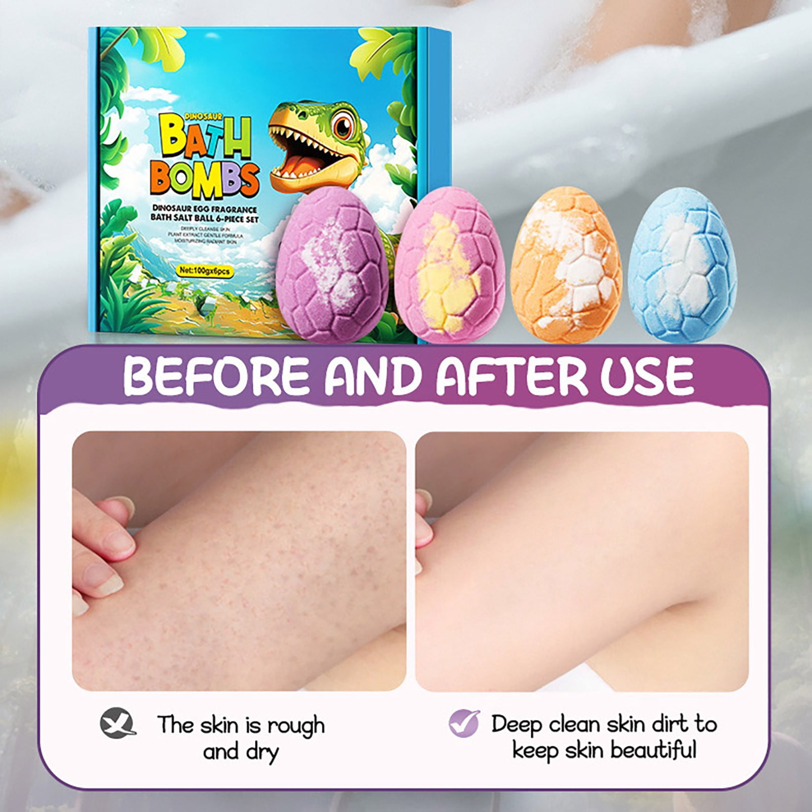 Dinosaur Egg Bath Salts Balls Set,6-Piece Aroma Fizzies for Body Cleansing,Relaxing Gift for Kids,600g