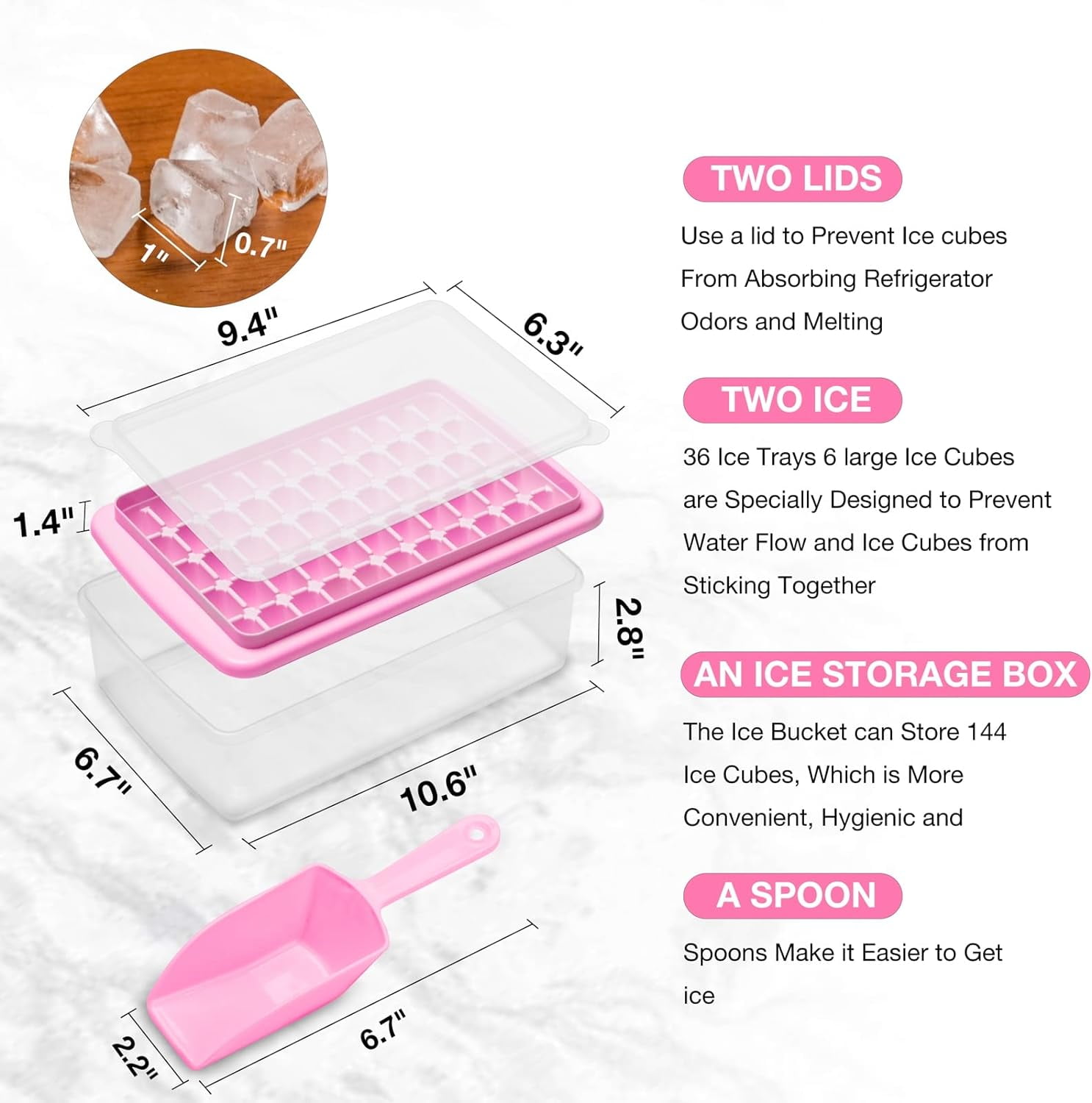 Ice Cube Tray with Lid and Bo - Ice Cube Mold for Refrigerator BPA Free Ice Container with Spoon and Lid Blue Green Powder (Pink+110)