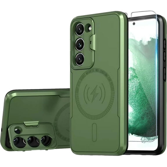 for Samsung Galaxy S23 Case with Screen Protector,Compatible with MagSafe,Built-in Camera Cover Stand, Magnetic Phone Case Shockproof DustProof Cover for Samsung S23 5G, Olive Green