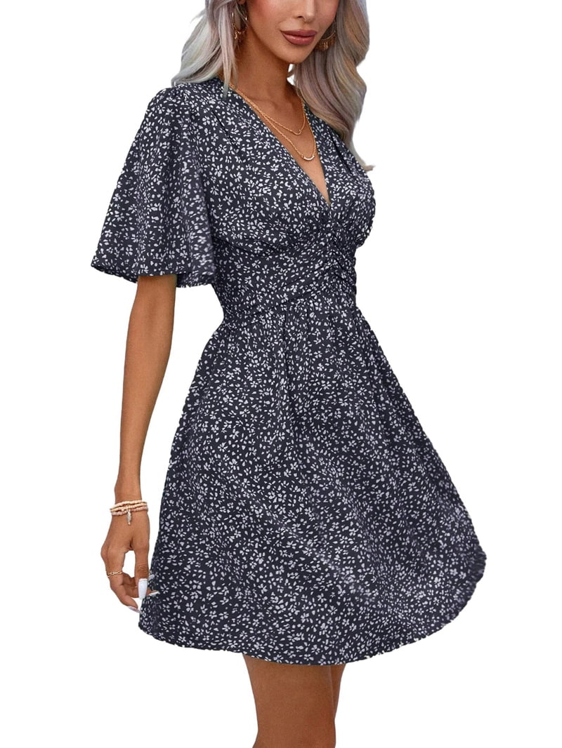 Women Summer Casual Floral Print Short Flutter Sleeve Mini Dress Casual Sundress V Neck Sun Dresses Black S