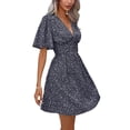 thumbnail image 3 of Women Summer Casual Floral Print Short Flutter Sleeve Mini Dress Casual Sundress V Neck Sun Dresses Black S, 3 of 9
