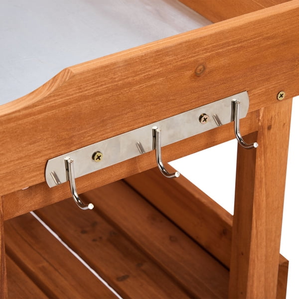 Outdoor Garden Potting Bench Table, Wooden Horticulture Planting Worstation with Metal Tabletop, 2 Storage Shelves, 3 Hooks, Natural Wood