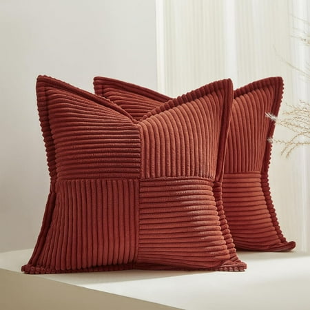 

Rust 16x16 Decorative Throw Pillows Covers 2 Packs with Stripe Cozy Corduroy Square Cushion Case for Couch Sofa Bedroom Living Room Terracotta Rustic Euro Sham Home Decor