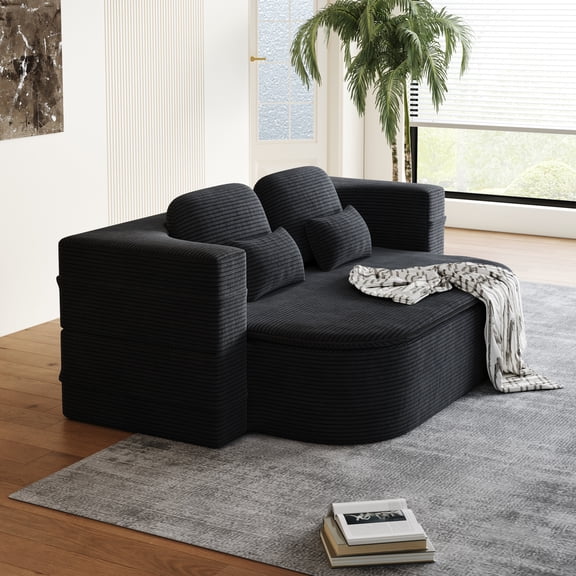 75" Foldable Sofa Bed with Multi Functional Blanket, 2-in-1 Convertible Sleeper Sofa Bed with 4 Pillows, Corduroy Floor Folding Couch for Living Room, Bedroom, Apartment, Black