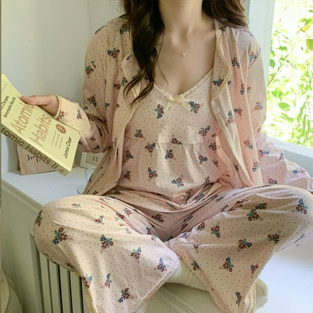 

PIKADINGNIS Women Pajamas Set Sling Cotton Pajamas 3 Peices Sleepwear for Women Long Sleeves Breathable Sexy Robe Homewear SexyTop Trousers