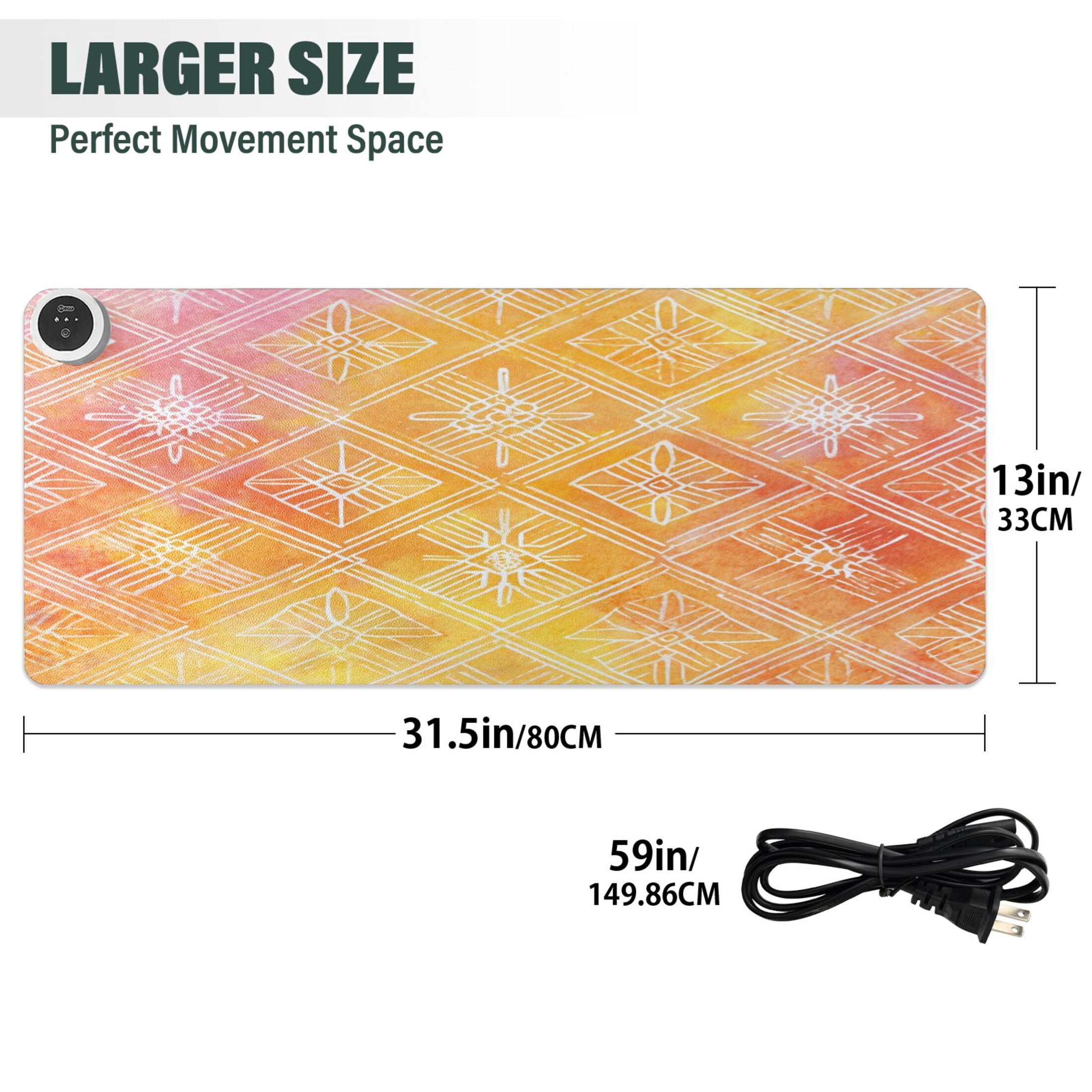 Large Heated Desk Mat Mouse Pad 31.5"x13"PU Leather Graphene Heating Desk Warmer with 3 Temperature Settings 110V US Plug Non-Slip Warm Pad for Home, Office, and Gaming Orange Watercolor Batik Print