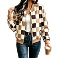 thumbnail image 3 of Zijinkuiwen Women Checkered Print Bomber Jacket Zip Up Long Sleeve Ribbed Trim Outerwear for Casual Daily Wear, 3 of 6