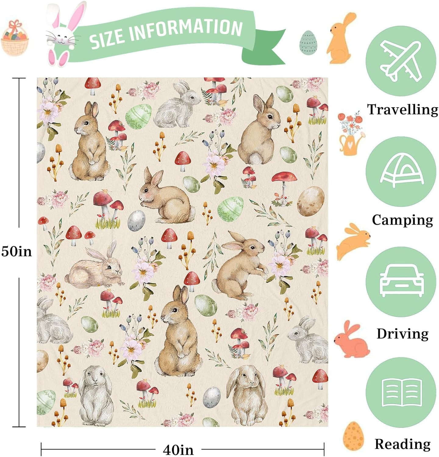 Luxury Plush Easter Blanket Cute Bunny Easter Egg Flower Leaves Throw Blanket for Couch,Lightweight Soft and Warm Throws Blankets for Sofa Bed Living Room in Spring 40"x50"