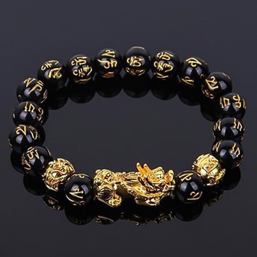 12mm Pixiu Feng Shui Black Obsidian Wealth Bracelet Pixiu Bracelets For Men Hand Carves Mantra Bands for Women Elastic Bracelets