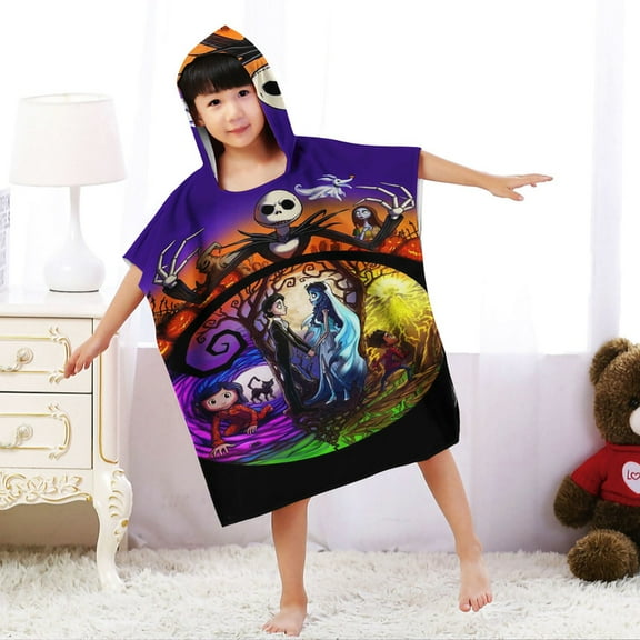 Nightmare Before Christmas Boys and Girls Hooded Poncho Towels, Soft & Absorbent Microfiber Beach Towel, Swimming Pool Changing Robe Bathrobe Bath Towel