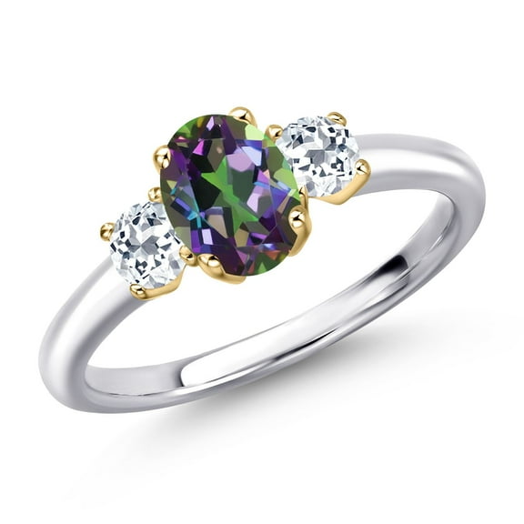 Gem Stone King 925 Silver and 10K Yellow Gold Green Mystic Topaz and White Topaz Engagement Ring for Women | 1.43 Cttw | Oval 7X5MM | Gemstone November Birthstone | Size 8