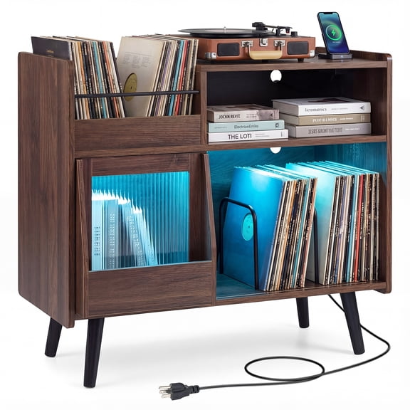 Gymax Record Player Stand w/LED Light Power Outlets Sliding Door Vinyl Storage Holder